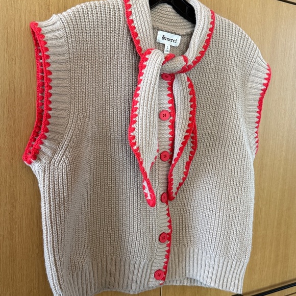&Merci Tie Neck Sweater Knit Vest blanket stitch Cotton Red/ Tan Color Large - Picture 5 of 8